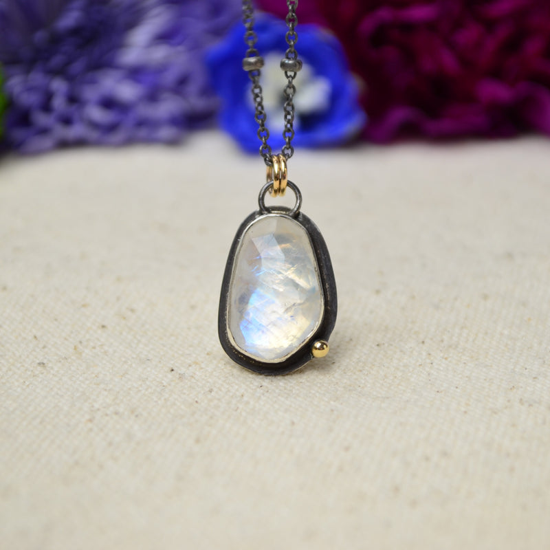 Rainbow Moonstone Necklace with 14K Yellow Gold Accents