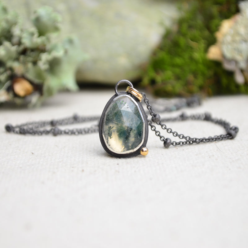 Moss Agate Necklace with 14K Yellow Gold Accents
