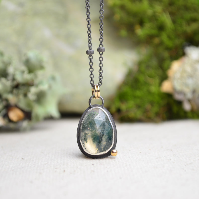 Moss Agate Necklace with 14K Yellow Gold Accents
