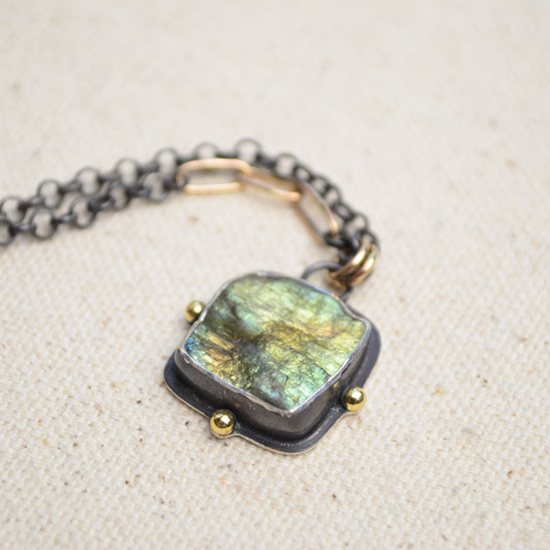 Raw Labradorite Necklace with 14K Yellow Gold Accents