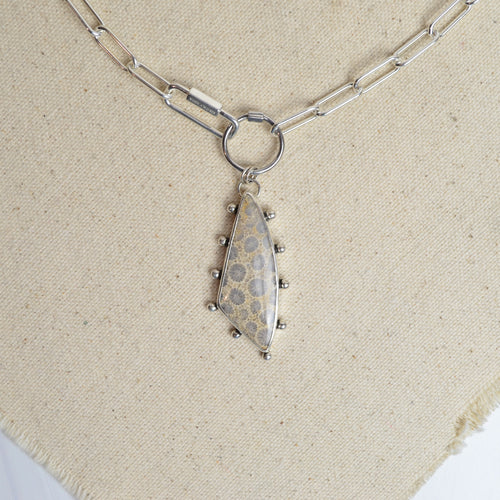 Paperclip Charm Holder Necklace w/ Fossilized Coral Pendant