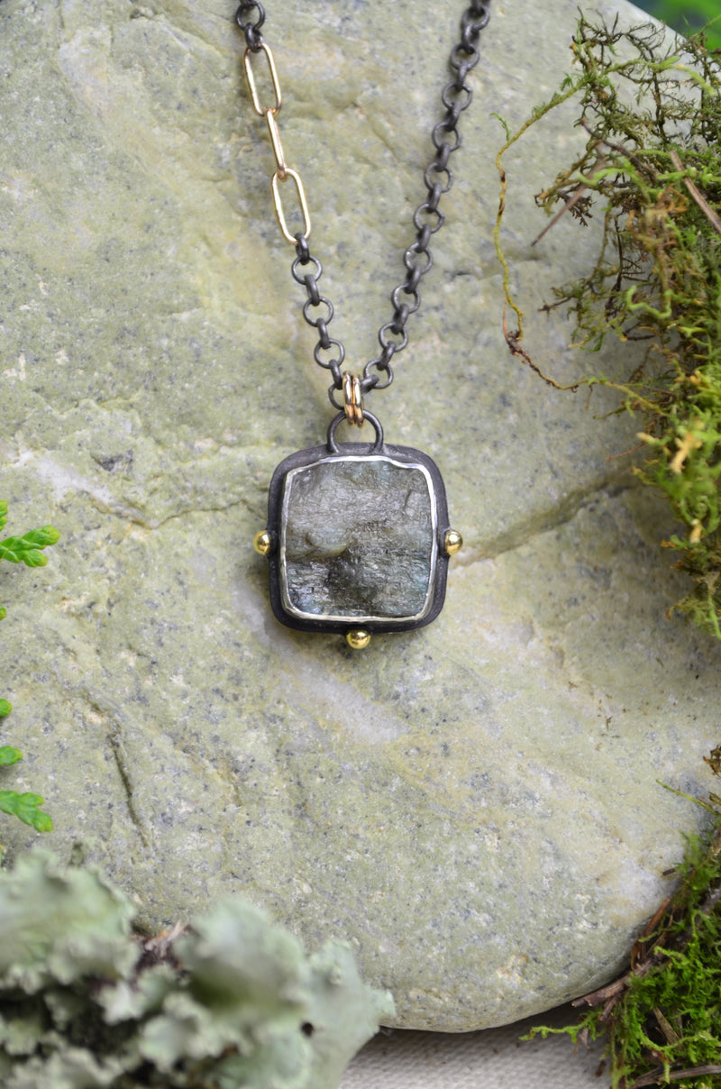Raw Labradorite Necklace with 14K Yellow Gold Accents