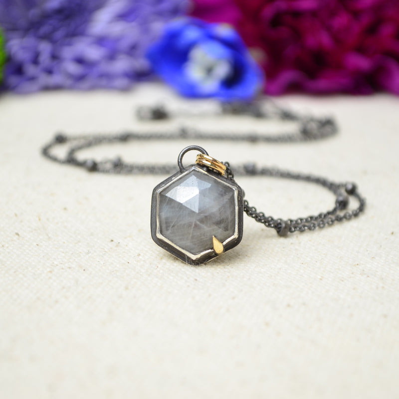 Silver Sapphire Hex Necklace with 14K Yellow Gold Accents