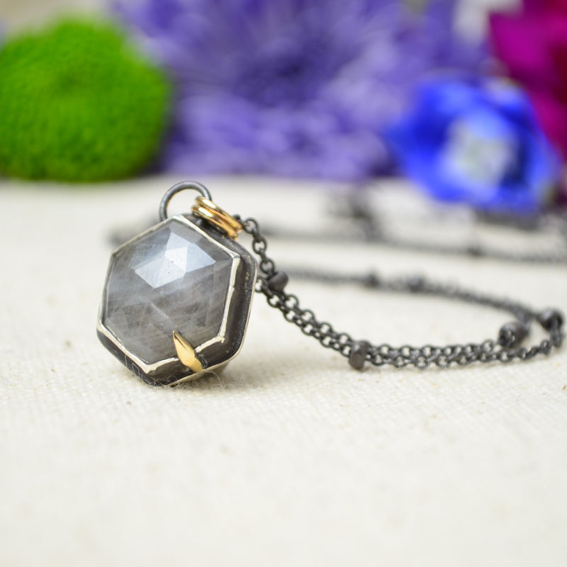 Silver Sapphire Hex Necklace with 14K Yellow Gold Accents