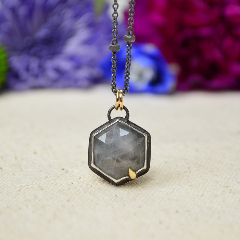 Silver Sapphire Hex Necklace with 14K Yellow Gold Accents