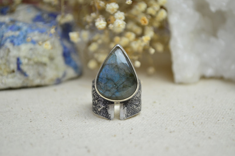 Labradorite Textured Wide Band Ring (Size 8 1/2)