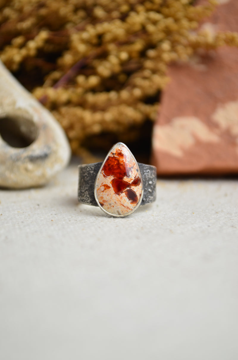 Fire Opal Textured Wide Band Ring (Size 6 3/4)
