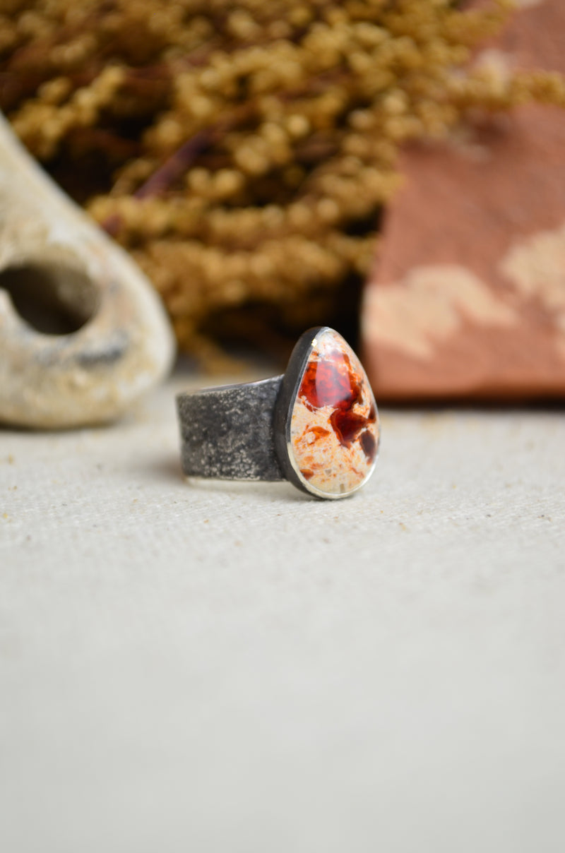 Fire Opal Textured Wide Band Ring (Size 6 3/4)