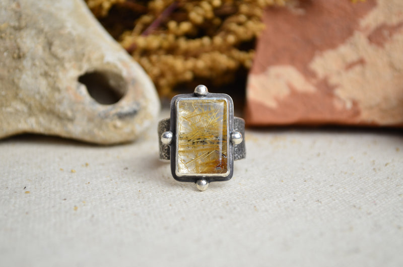 Rutile Quartz Textured Wide Band Ring (Size 9)